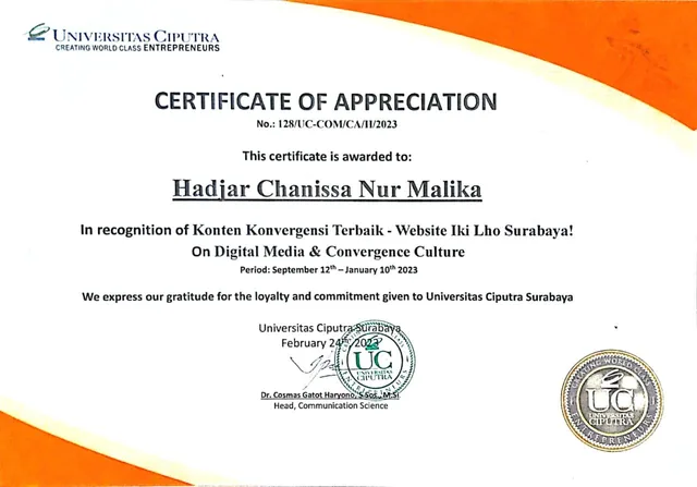 Universitas Ciputra certificate for best convergent content