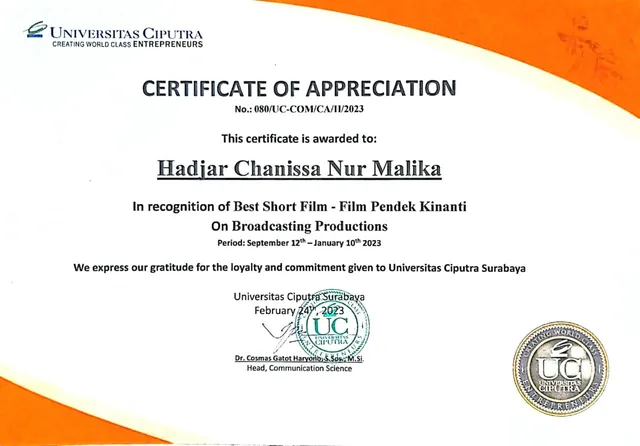 Universitas Ciputra certificate for best short film, Kinanthi