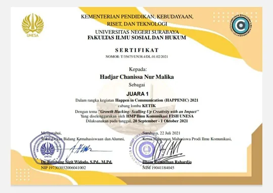 Certificate from the KETIK 2021 journalism competition