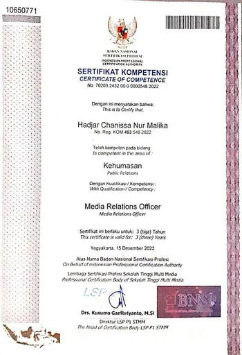 Media Relations Officer competency certificate