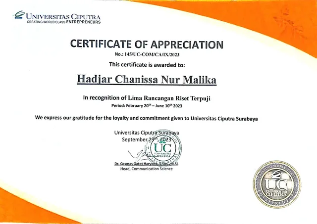 Universitas Ciputra certificate for Lima Rancangan Riset Terpuji
