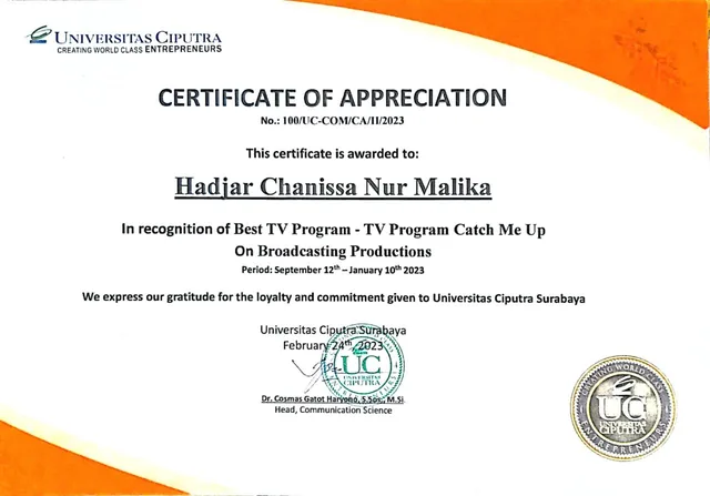 Universitas Ciputra certificate for best TV program, Catch Me Up