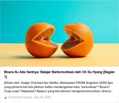 Two orange halves shaped like talking mouths, shown on the article card