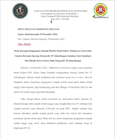 Draft press release for the Diet Plastik campaign