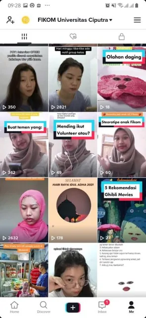 TikTok profile grid of FIKOM Universitas Ciputra