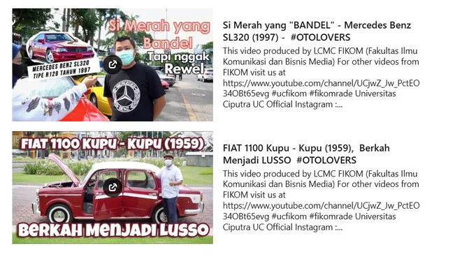 YouTube listings for two Otolovers car episodes